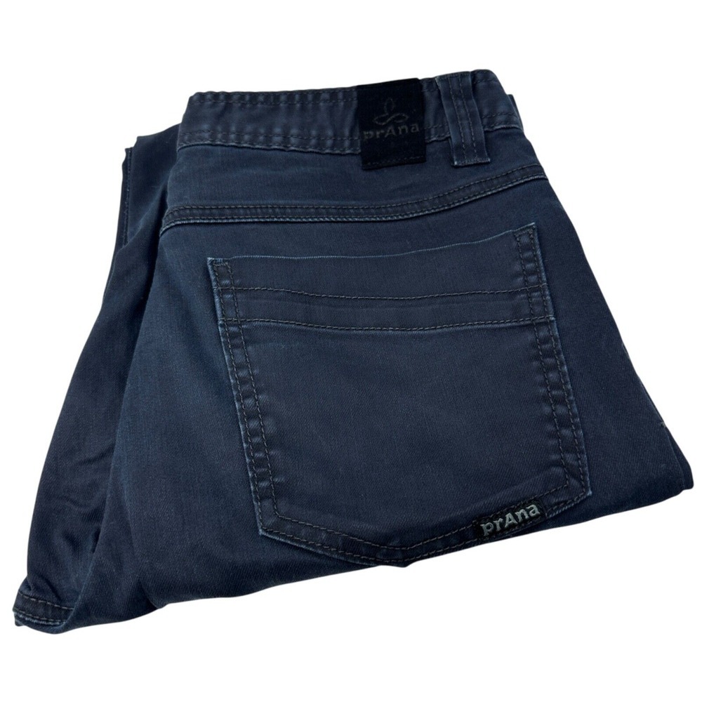 PRANA Mens Navy Blue Jeans Bridger Pants Slim Fit Hiking Outdoors Waxed Denim